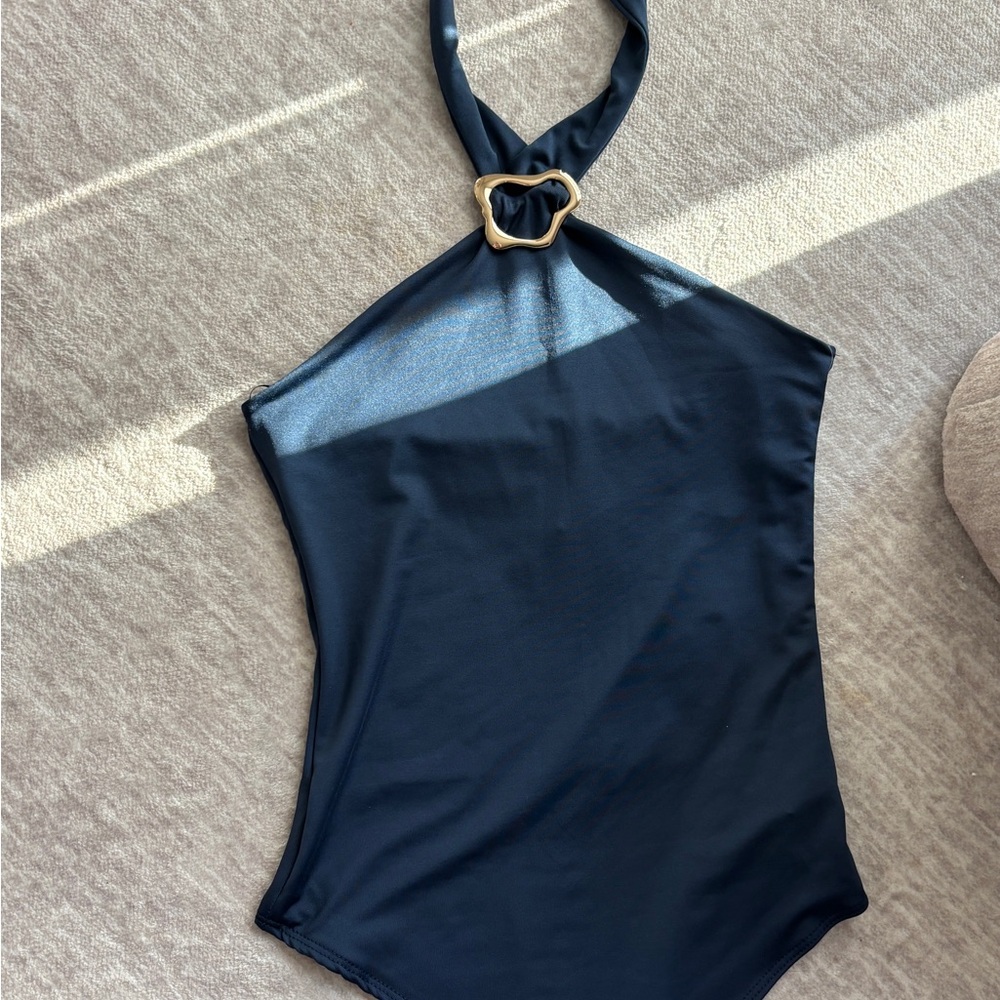 Navy blue backless body suit halter top with gold detail